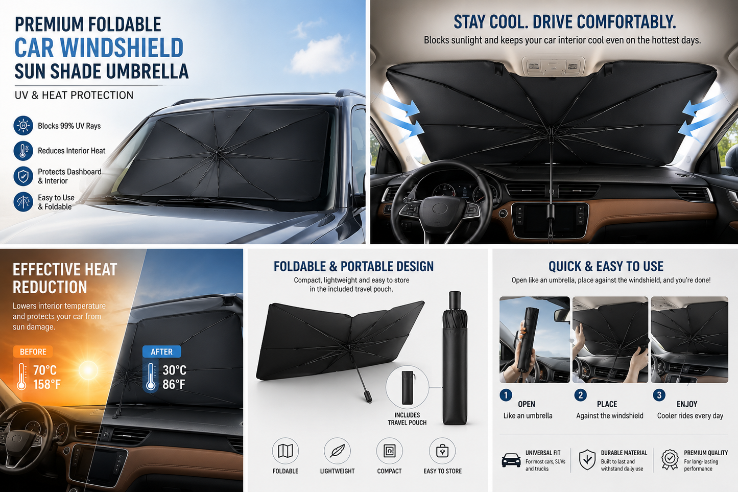 Premium Foldable Car Windshield Sun Shade Umbrella – UV & Heat Protection