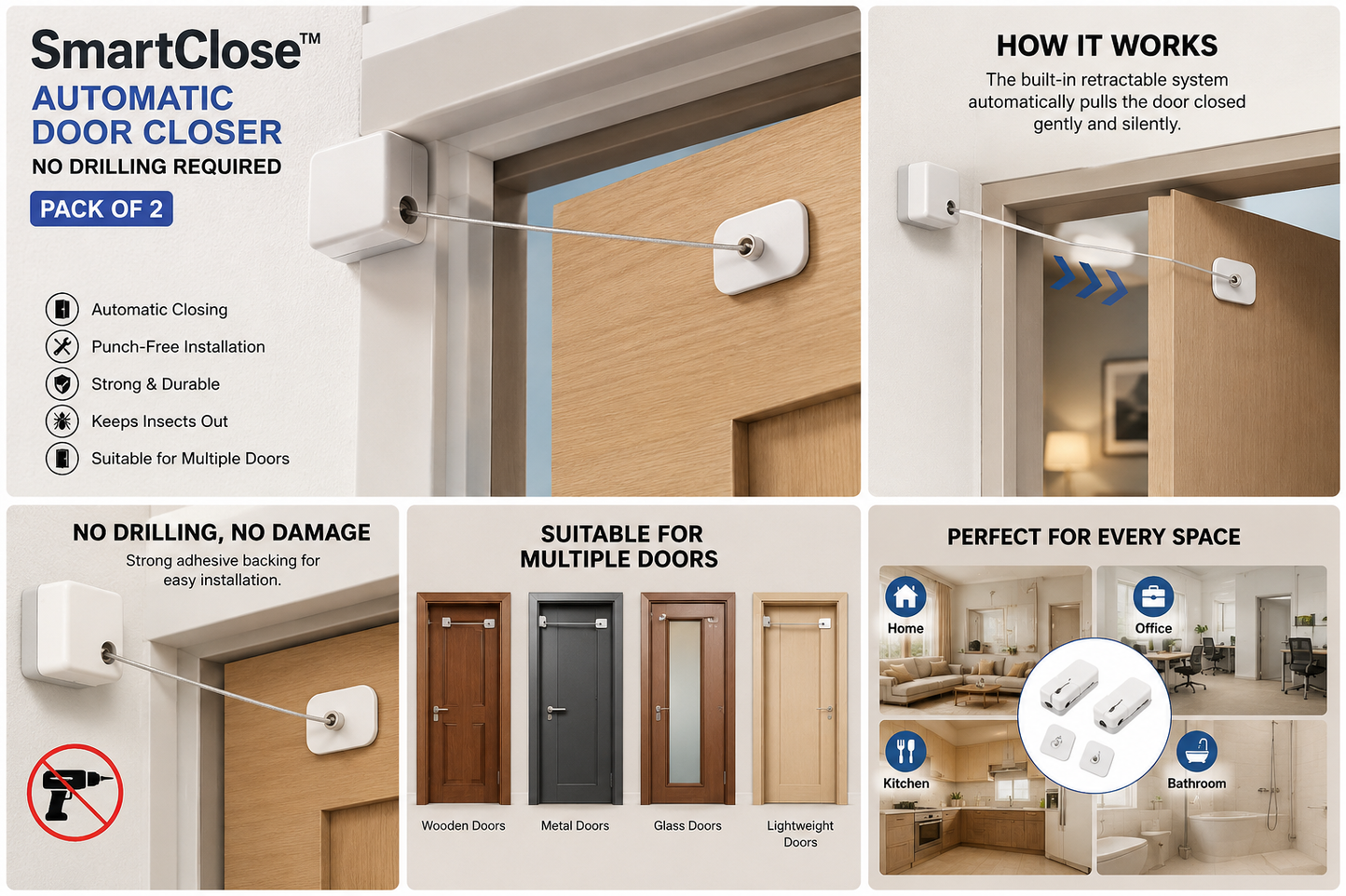 SmartClose™ Automatic Door Closer – No Drilling Required (Pack of 2)